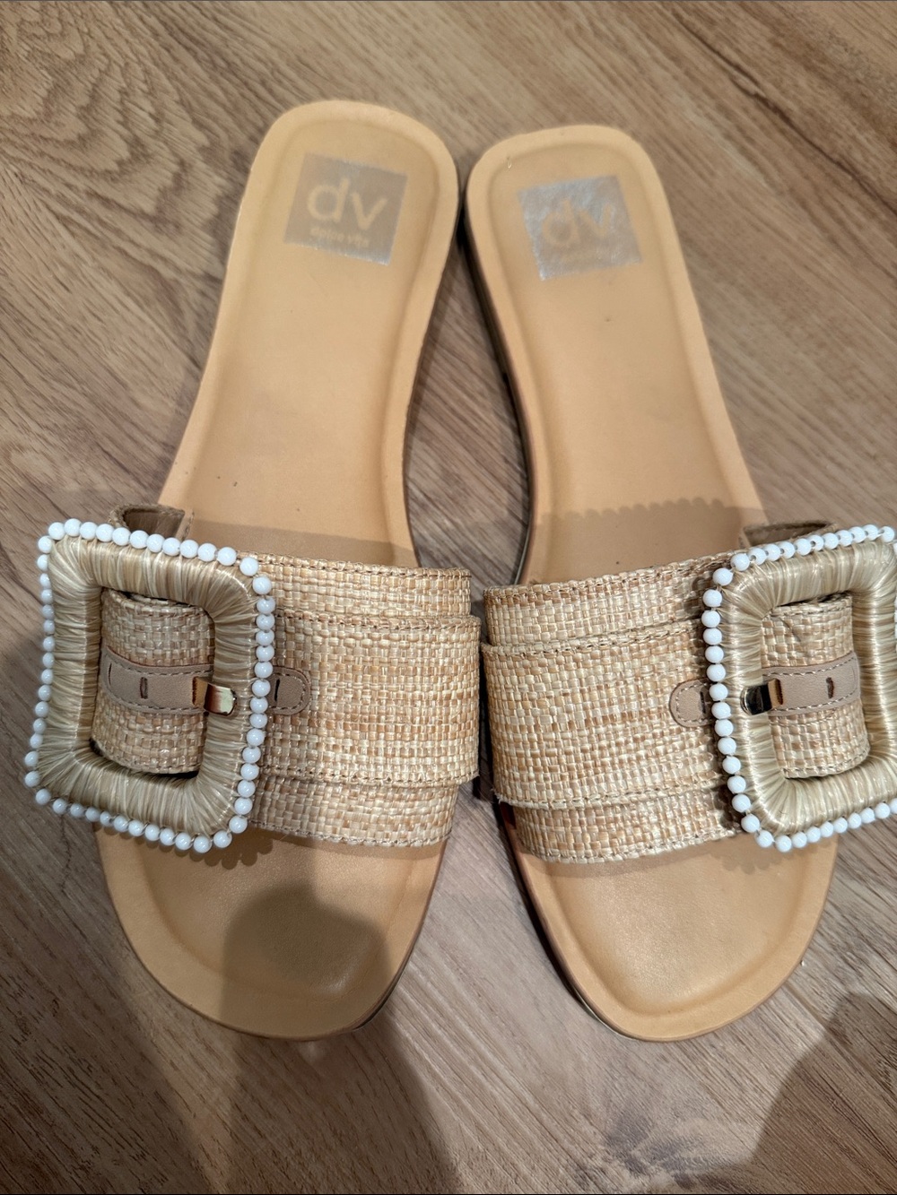 DV by Dolce Vita Natural Raffia Slide Sandals with Beaded Buckle